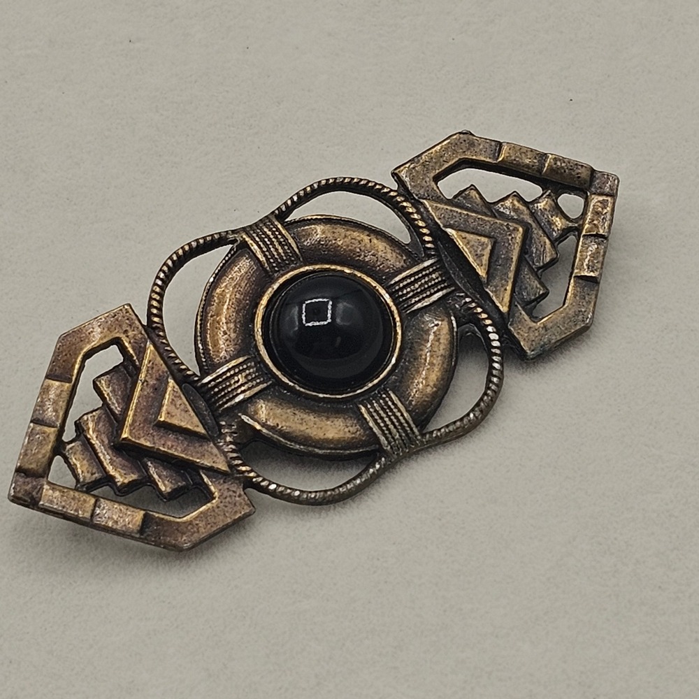 Art Deco Style Brooch Glass Cabochon Black Bronze Tone 2.75" Pin Geometric - Picture 3 of 9